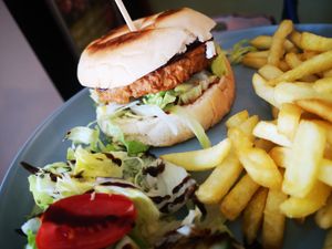 Pulled "pork' burger with sweet n Spicy BBQ sauce.  at PEK in Dover