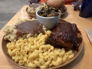 Ribs, mashed potatoes with gravy, Mac and cheese and collard greens  #Veganuary at The Wayside Cafe & Deli in Olympia