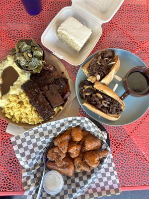 Rib plate, cauli wings, dip sando, and spice cake   at The Wayside Cafe & Deli in Olympia