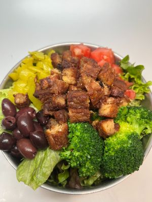 Big Dad Salad: Fresh greens topped with tempeh bacon, olives, pepperoncinis, broccoli and tomatoes.  at The Wayside Cafe & Deli in Olympia