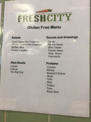 Gluten free menu at Fresh City in Charlton