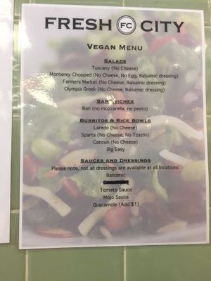 Vegan menu at Fresh City in Charlton