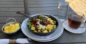 Vegan Skillet, Fruit & Chai Tea at Lucy's in Grand Rapids