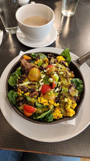 Off menu vegan skillet with added mushrooms and vegan sausage at Lucy's in Grand Rapids