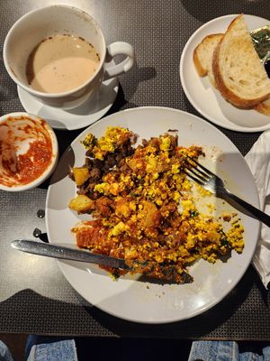 spanish omlette with substitutions, chai latte with oat milk at Lucy's in Grand Rapids