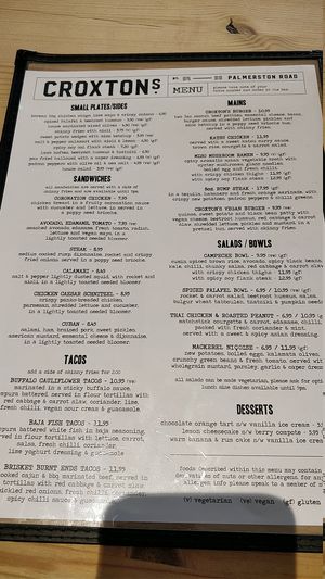 main and dessert menu at Croxtons in Portsmouth