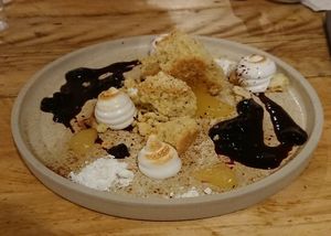 Lemon Meringue Pie: Thyme shortbread, lemon curd, Italian torched meringue, blueberry sauce and homemade sherbet. at Offbeet - New Forest in Southampton
