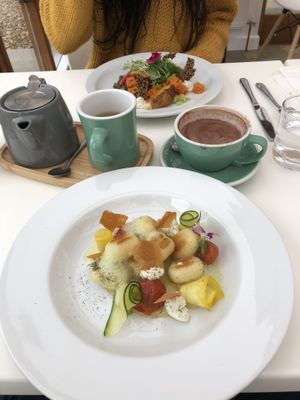 The one closest summer gnocchi and furthest was smoking carrot salad. at Offbeet - New Forest in Southampton