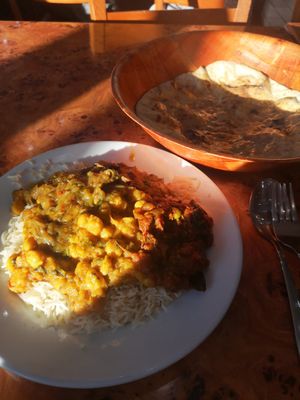 Garlic naan, chickpea curry, aubergine curry and muscroom curry! at The Mosque Kitchen in Edinburgh
