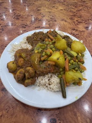 Mushroom curry, okra curry and mixed veg.   at The Mosque Kitchen in Edinburgh