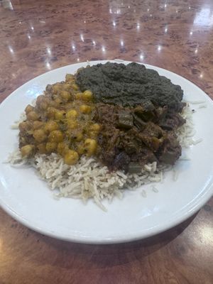 Pre gig, chickpea,, okra. Saag aloo    at The Mosque Kitchen in Edinburgh