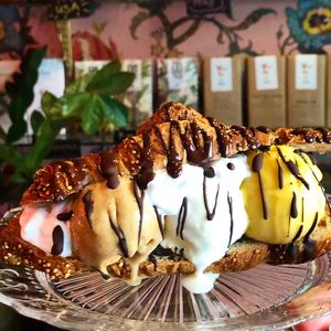 Organic sourdough croissant with 3 scoops of ice-cream. All Vegan! at Bombon in Madrid