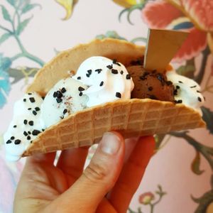Vegan ice-cream taco with vegan whipped cream at Bombon in Madrid