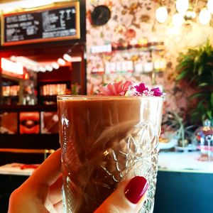 Iced hot chocolate made with bean-to-bar chocolate infused with coconut milk and chilled in a cocktail shaker. Shaken, not stirred!  at Bombon in Madrid