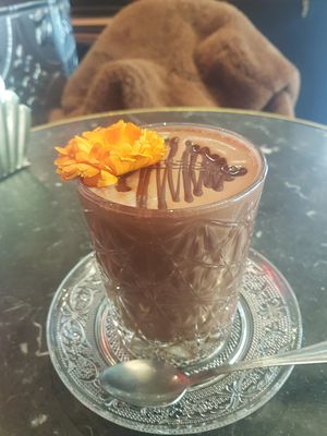 Excellent cold chocolate with foamed coconut milk at Bombon in Madrid