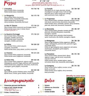 Menu as of July 2022 at Polina Pizzeria in Quebec