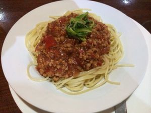 Spaghetti with bolognese (carne de soya)  at Tierra Todo Natural in San Pedro De Atacama