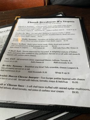 Menu side 1 at Thank Goodness It's Vegan in Goshen
