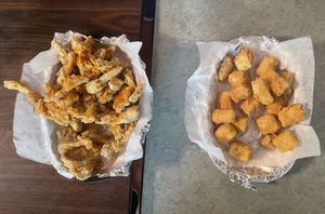Oyster mushroom basket and fried tofu at Thank Goodness It's Vegan in Goshen
