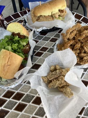 Crab cake sandwich, chicken sandwich, and fried mushrooms and seitan! at Thank Goodness It's Vegan in Goshen