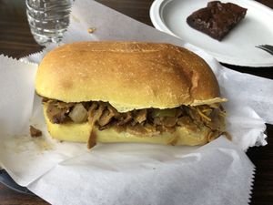 saucy seitan & gluten free brownie at Thank Goodness It's Vegan in Goshen