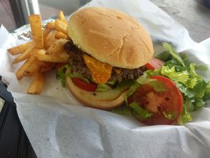 Kids burger and fries at Thank Goodness It's Vegan in Goshen