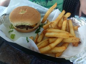 Kids burger and fries at Thank Goodness It's Vegan in Goshen