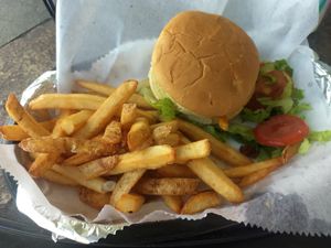 Kids burger and fries at Thank Goodness It's Vegan in Goshen