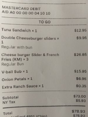 Our bill at Thank Goodness It's Vegan in Goshen