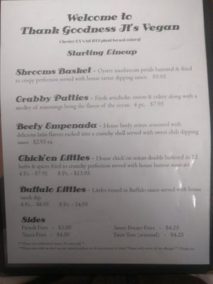 Starter Menu at Thank Goodness It's Vegan in Goshen