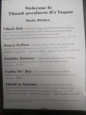 Main Dish Menu at Thank Goodness It's Vegan in Goshen