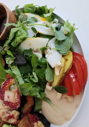 Side salad with lotus root, Korean melon and tahini at Vegan - Jahamoon in Seoul