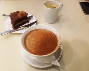 The HUGE hot choco, coconut creme choco cake, and Americano. at Vegan - Jahamoon in Seoul