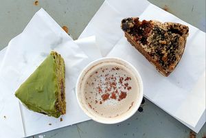 Cakes and soy cappuccino at Veganique in Seoul