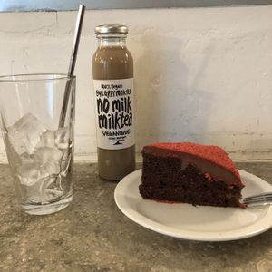 Strawberry Jam Red Velvet Cake + Earl Grey Milk Tea  at Veganique in Seoul