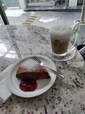 Soy latte and a coconut butter scone at Veganique in Seoul