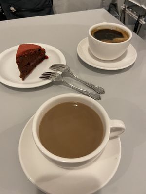Milk tea, americano and strawberry cake  at Veganique in Seoul