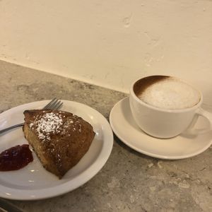 Coconut butter scone and soy cappuccino at Veganique in Seoul