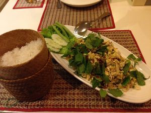 Tofu laab and sticky rice at Lao Kitchen in Vientiane