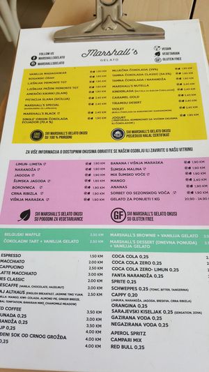 MG menu at Marshall's Gelato in Sarajevo