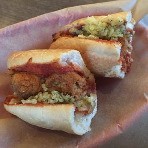 Vegan meat balls with vegan cheese sando  at Harry's Sandwich Company in Tokyo