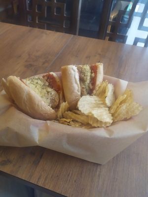 the vegan marinara meatballs with vegan cheese sandwich (and crisps) 円1100 at Harry's Sandwich Company in Tokyo