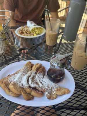Vegan brioche French toast (front), vegan burrito (back)  at Mokabe's Coffeehouse in St Louis