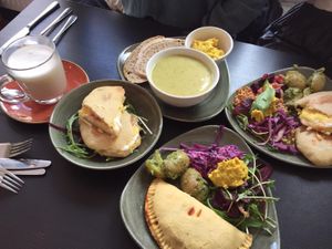 a pasty and sandwiches with salad and cauliflower soup at Megafauna in Southport
