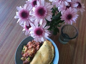 a delicious pasty with rice and broccoli at Megafauna in Southport