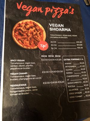 Vegan section on the menu  at Pizza Piazza in Zaandam