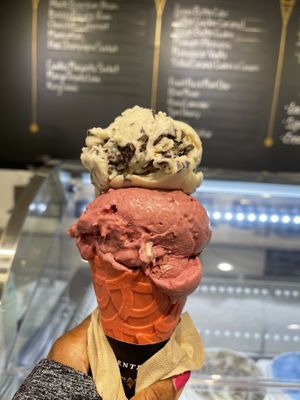 Triple Berry Crumpet with Tahini Chocolate Chip on top  at Clementine's Naughty & Nice Creamery in Clayton