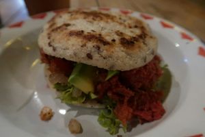 Arepa-Burger at Cocina de Emy Natural Food in Santa Marta