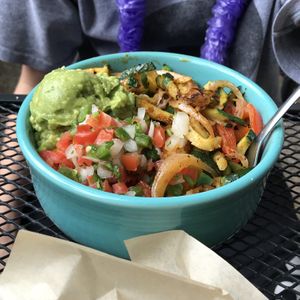 Aquarius Bowl with rice, beans, guacamole, pico and veggies served w/ tortillas at Aquarius Taqueria in Eureka Springs