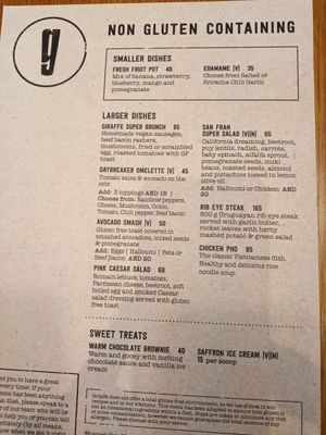This is the gluten free menu at DXB - Giraffe - T1 in Dubai